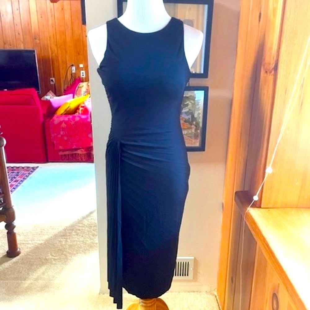 Halston Heritage Black Sleeveless Midi Dress with Side Drape